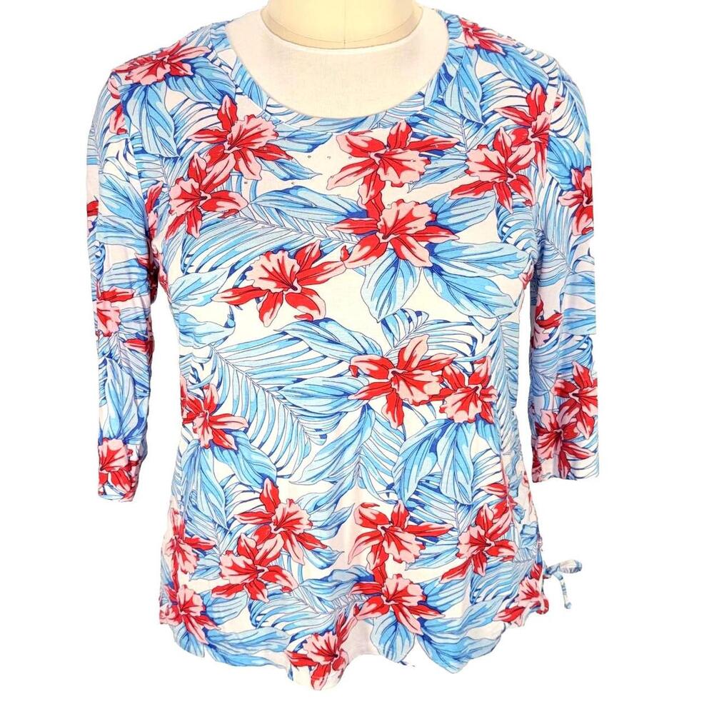 Palm Grove Blue Red Women's XL Tropical Floral Resortwear Top Scoop Neck 3/4 Slv